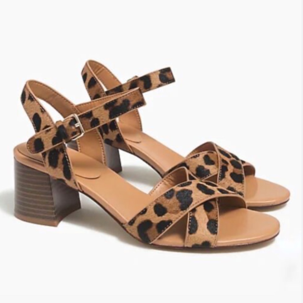 J. Crew Leopard calf hair low block-heel sandals